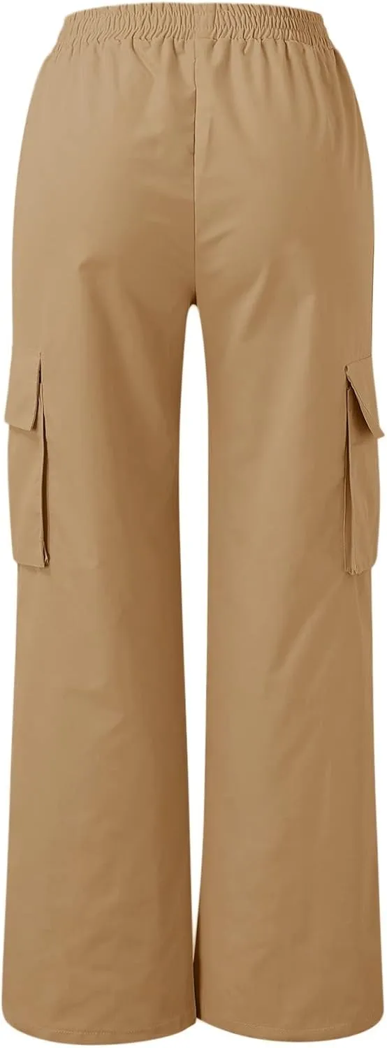 Women Cargo Pants with Pockets Elastic High Waist Casual Work Pants Dressy Straight Wide Leg Trousers 2025 Trendy