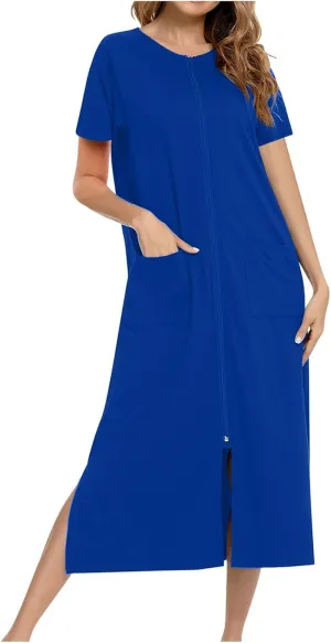 Women Casual Full Zip Bathrobe Trendy Short Sleeve Nightdress Loose Round Neck Pajama Nightgown Soft Sleepwear Robes
