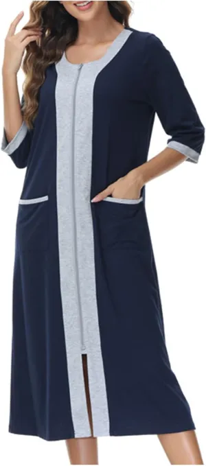 Women Color Block Zipper Bathrobe Casual 3/4 Sleeve Nightgown Loose V Neck Pajamas Robe Soft Loungewear with Pockets