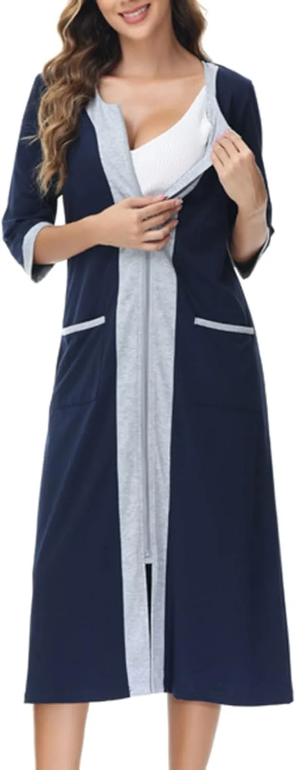Women Color Block Zipper Bathrobe Casual 3/4 Sleeve Nightgown Loose V Neck Pajamas Robe Soft Loungewear with Pockets