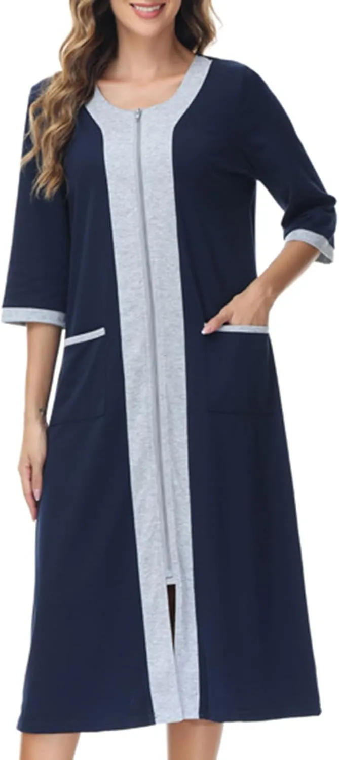 Women Color Block Zipper Bathrobe Casual 3/4 Sleeve Nightgown Loose V Neck Pajamas Robe Soft Loungewear with Pockets