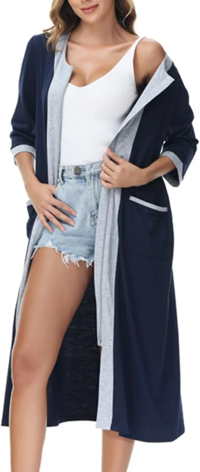 Women Color Block Zipper Bathrobe Casual 3/4 Sleeve Nightgown Loose V Neck Pajamas Robe Soft Loungewear with Pockets