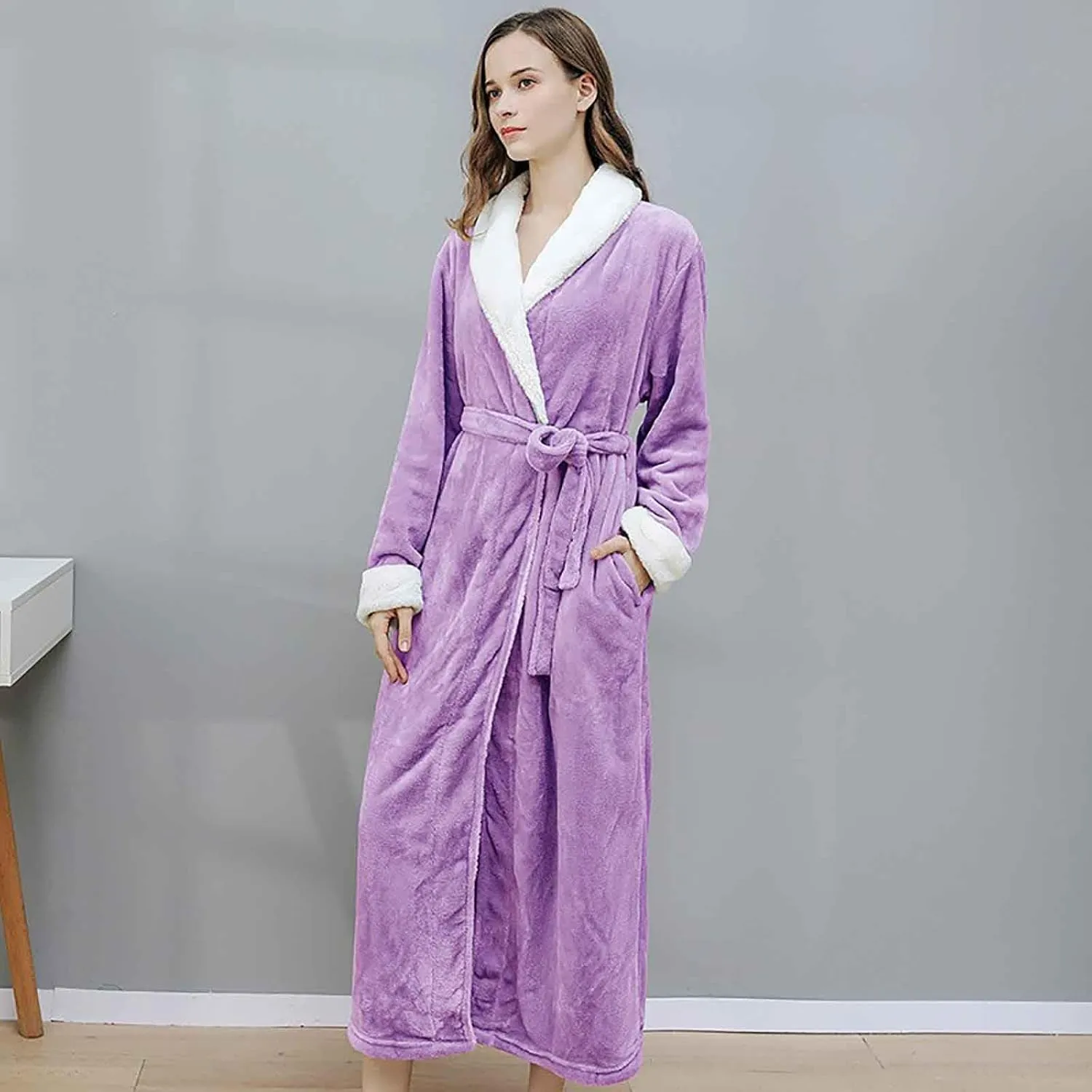 Women Colorblocked Bathrobe Coral Fleece Robe Thicken Winter Sleepwear Soft Fluffy Pajama Plush Fuzzy Long Nightwear