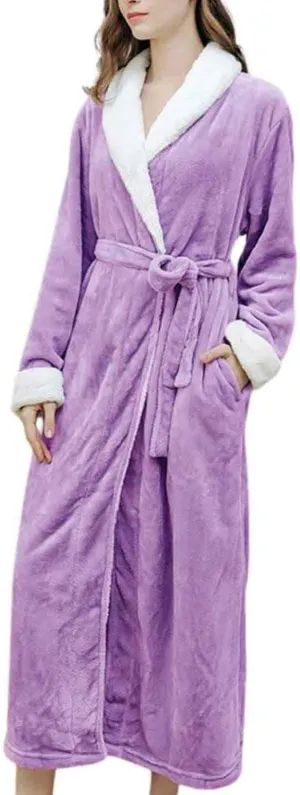 Women Colorblocked Bathrobe Coral Fleece Robe Thicken Winter Sleepwear Soft Fluffy Pajama Plush Fuzzy Long Nightwear