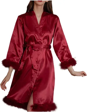 Women Feather Fur Robe Sexy Silk Satin Bridal Dressing Gown Short Wedding Nightgown Summer Elegant Bathrobe Sleepwear