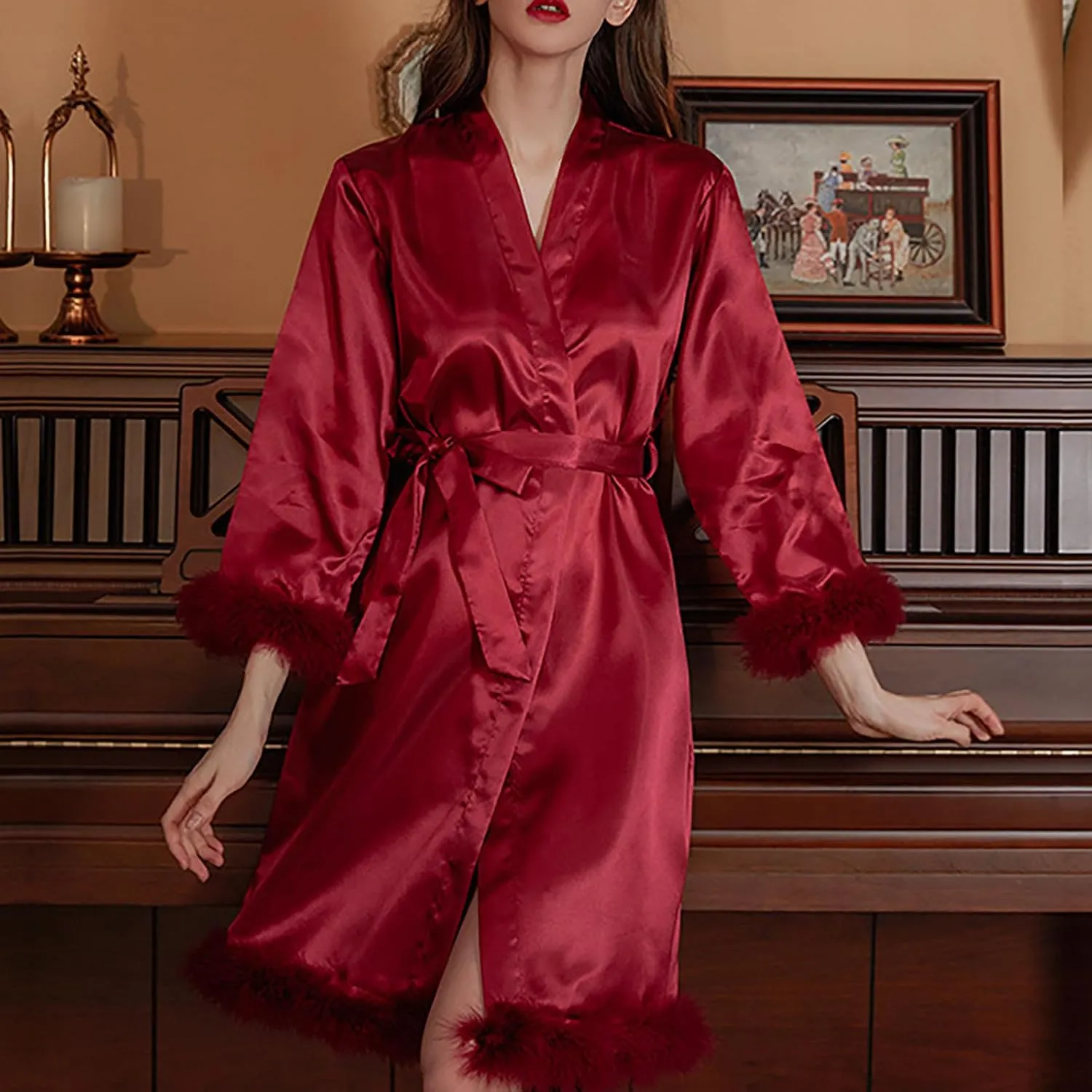 Women Feather Fur Robe Sexy Silk Satin Bridal Dressing Gown Short Wedding Nightgown Summer Elegant Bathrobe Sleepwear