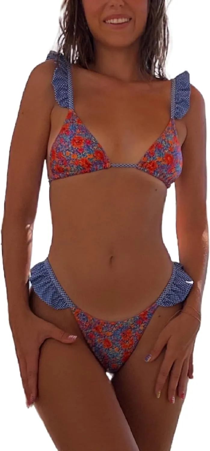 Women Floral Print Bikini Set Spaghetti Strap Y2k Triangle Two Piece Swimsuit Sexy String Batching Suits