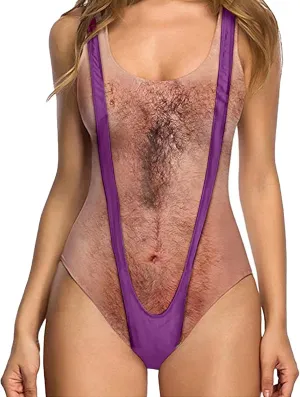 Women Funny Swimsuit Hairy Chest Printed Novelty Fake Muscles Bathing Suit One Pieces Swimwear Monokini