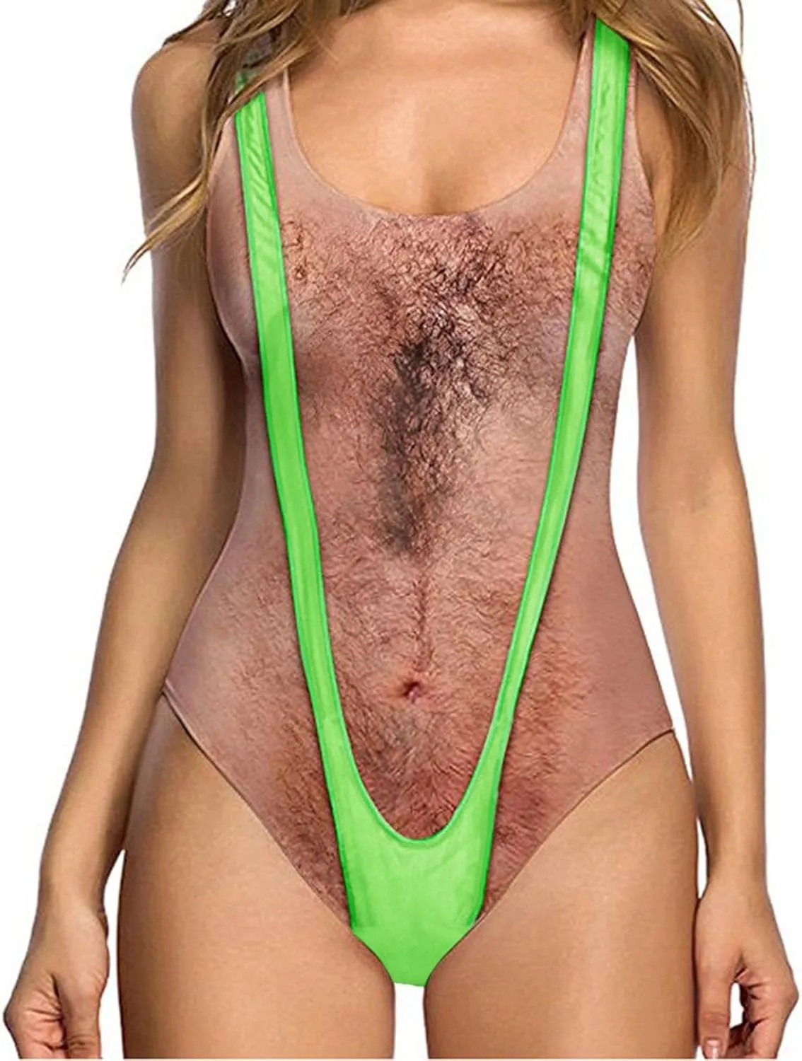 Women Funny Swimsuit Hairy Chest Printed Novelty Fake Muscles Bathing Suit One Pieces Swimwear Monokini