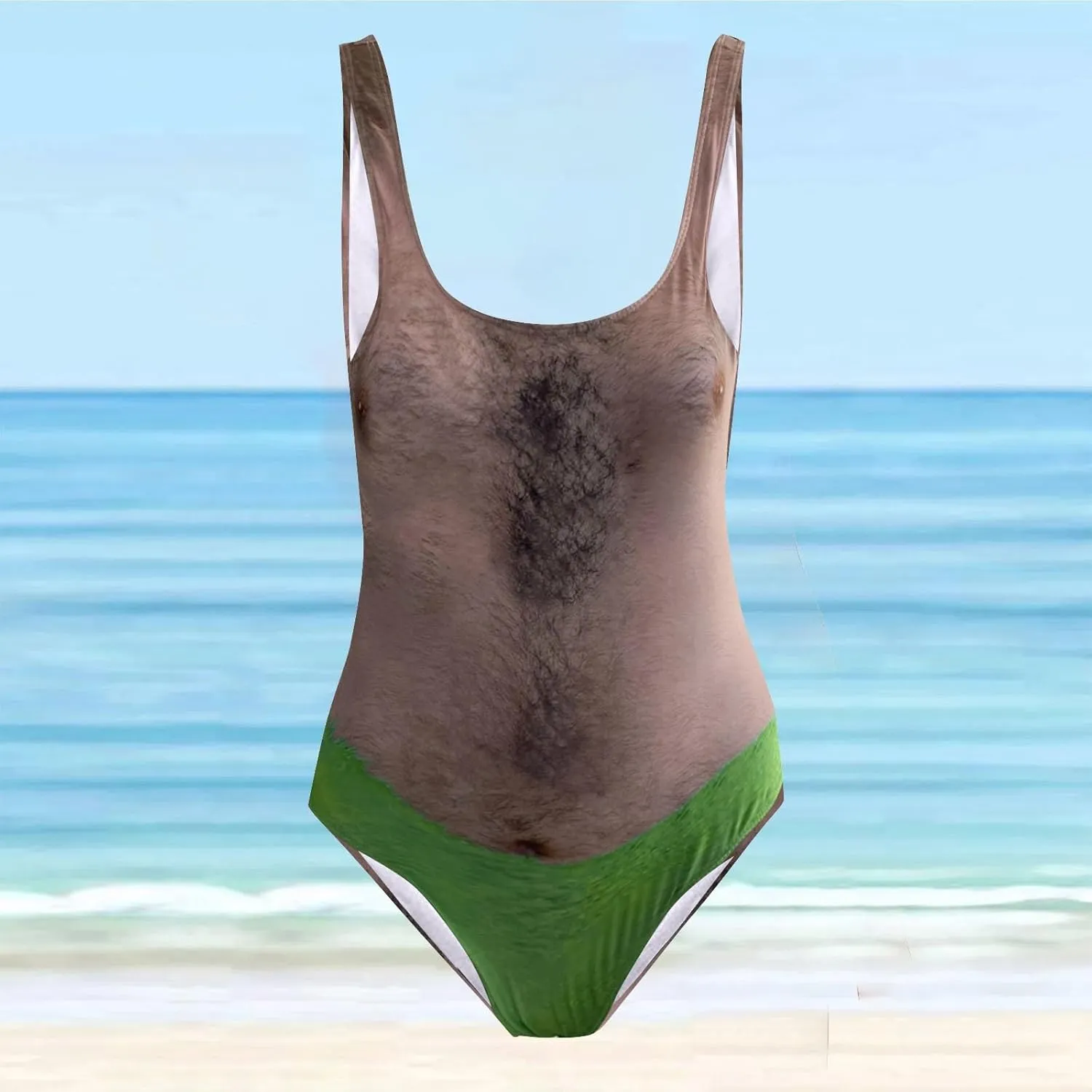 Women Funny Swimsuit Hairy Chest Printed Novelty Fake Muscles Bathing Suit One Pieces Swimwear Monokini