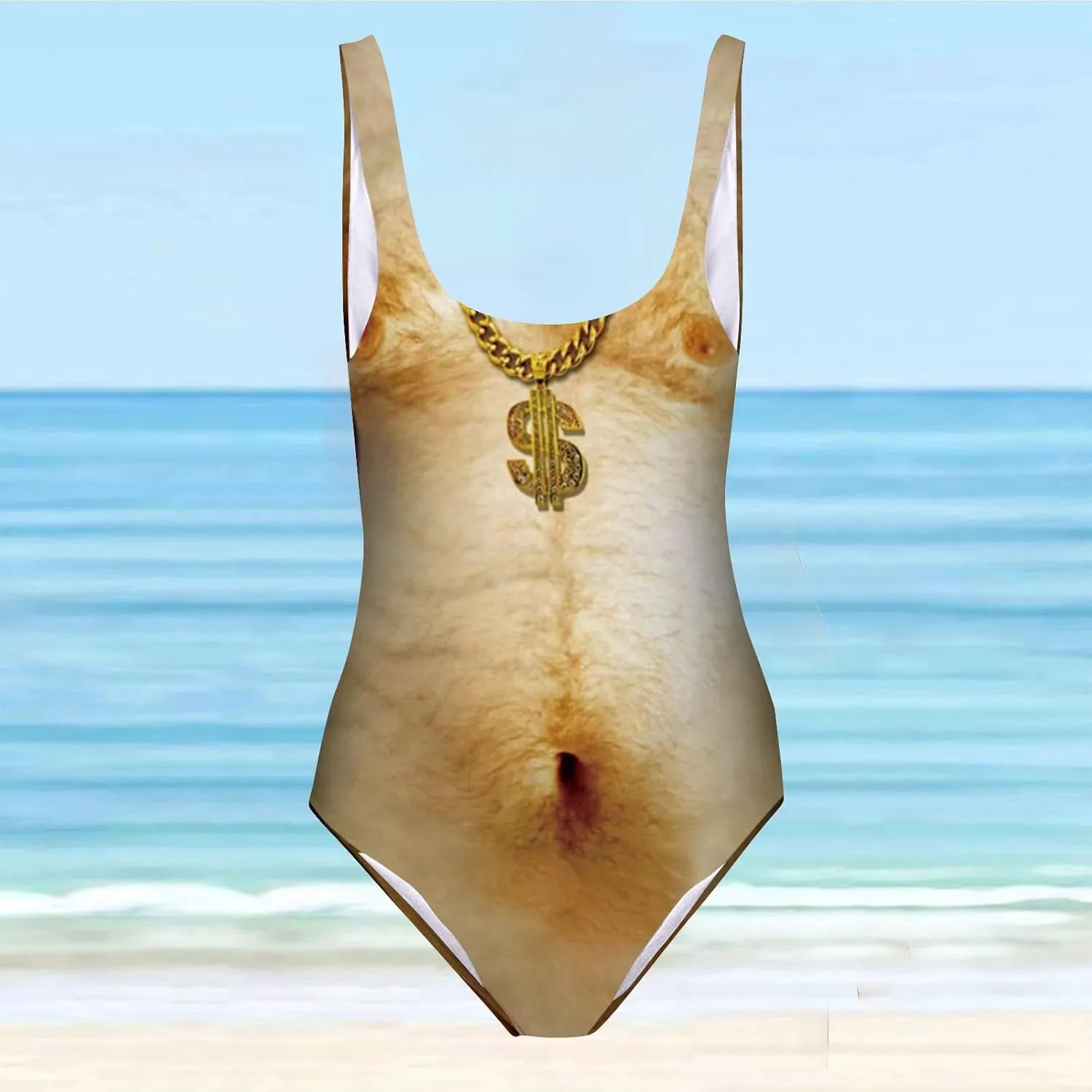 Women Funny Swimsuit Hairy Chest Printed Novelty Fake Muscles Bathing Suit One Pieces Swimwear Monokini