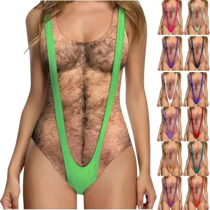 Women Funny Swimsuit Hairy Chest Printed Novelty Fake Muscles Bathing Suit One Pieces Swimwear Monokini