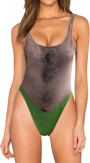 Women Funny Swimsuit Hairy Chest Printed Novelty Fake Muscles Bathing Suit One Pieces Swimwear Monokini