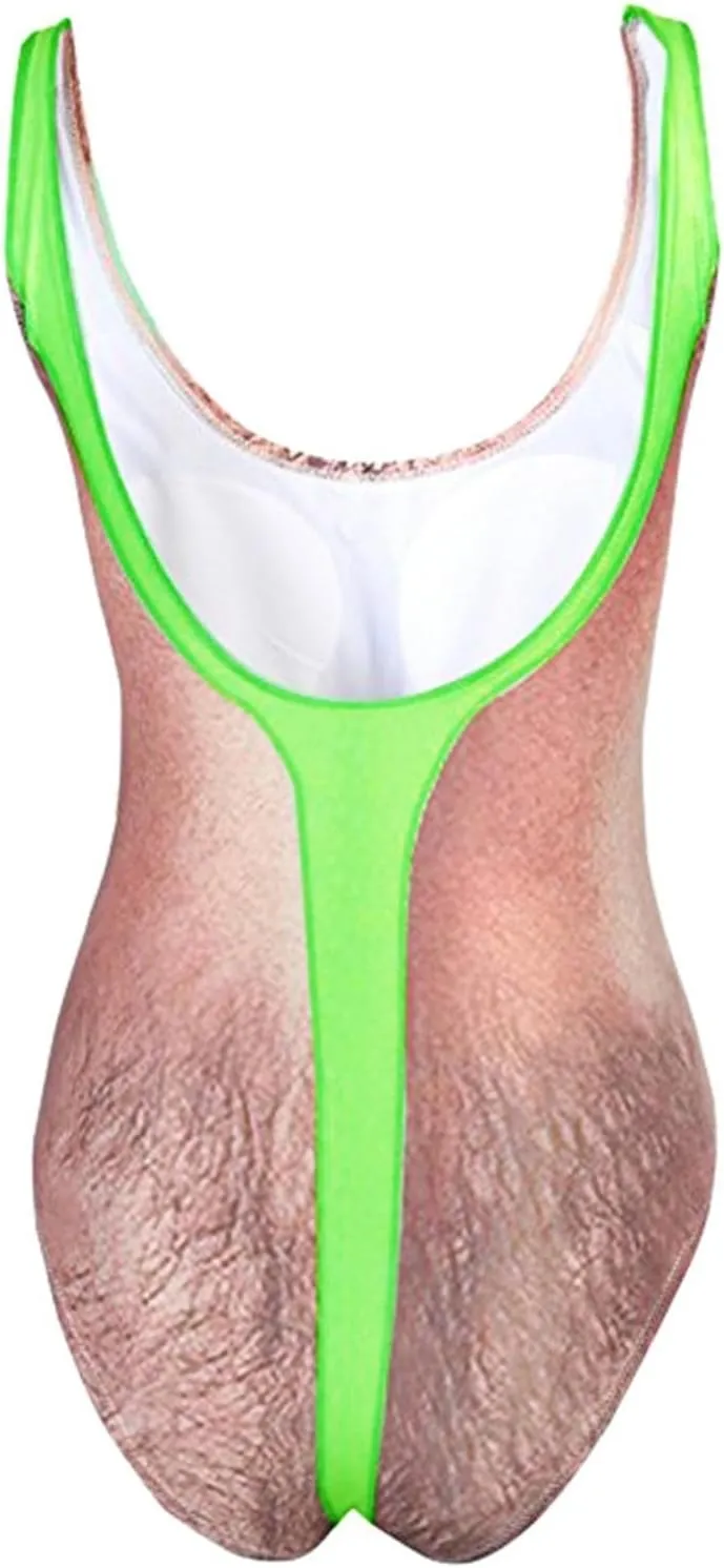 Women Funny Swimsuit Hairy Chest Printed Novelty Fake Muscles Bathing Suit One Pieces Swimwear Monokini