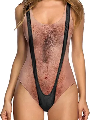 Women Funny Swimsuit Hairy Chest Printed Novelty Fake Muscles Bathing Suit One Pieces Swimwear Monokini