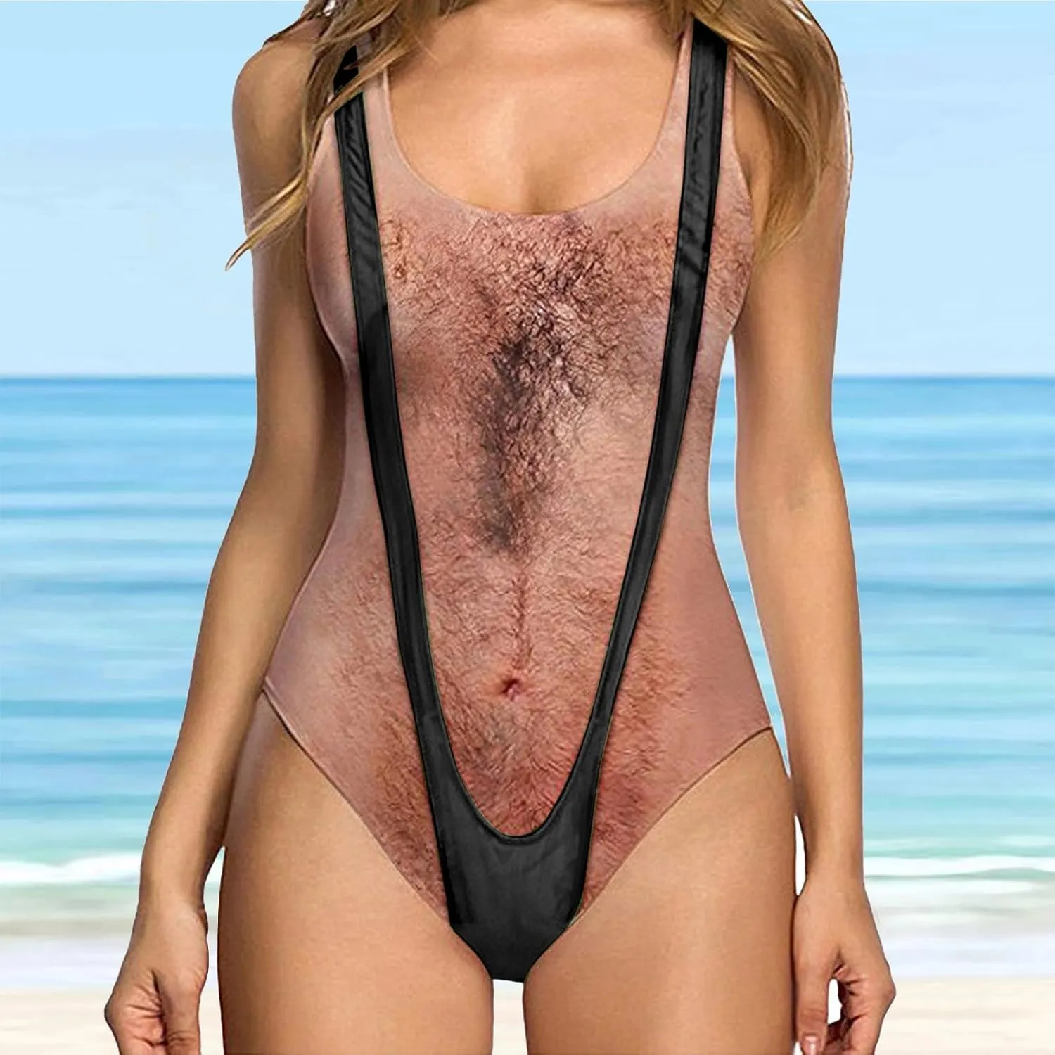 Women Funny Swimsuit Hairy Chest Printed Novelty Fake Muscles Bathing Suit One Pieces Swimwear Monokini