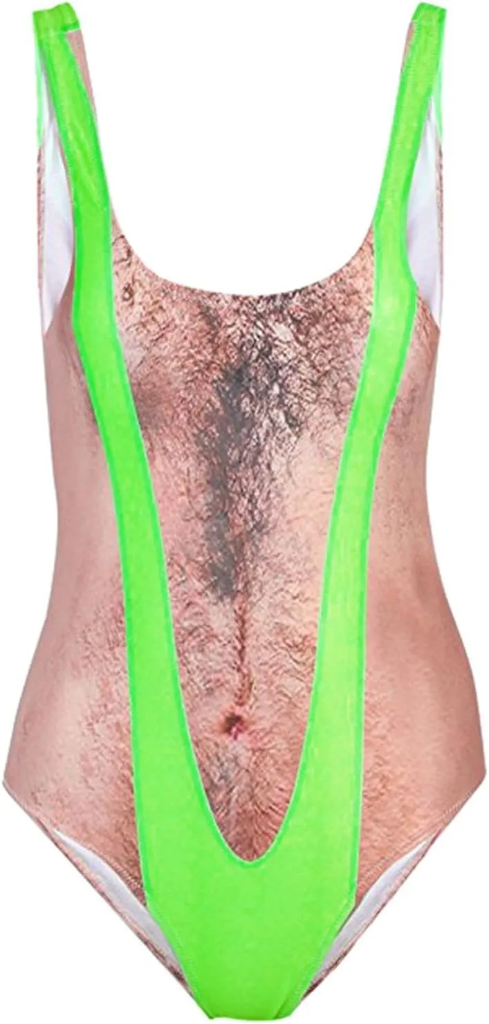 Women Funny Swimsuit Hairy Chest Printed Novelty Fake Muscles Bathing Suit One Pieces Swimwear Monokini