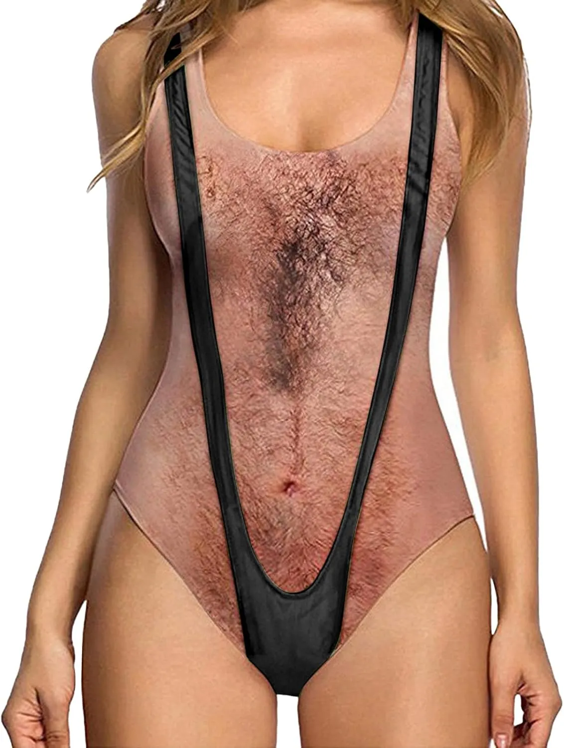 Women Funny Swimsuit Hairy Chest Printed Novelty Fake Muscles Bathing Suit One Pieces Swimwear Monokini