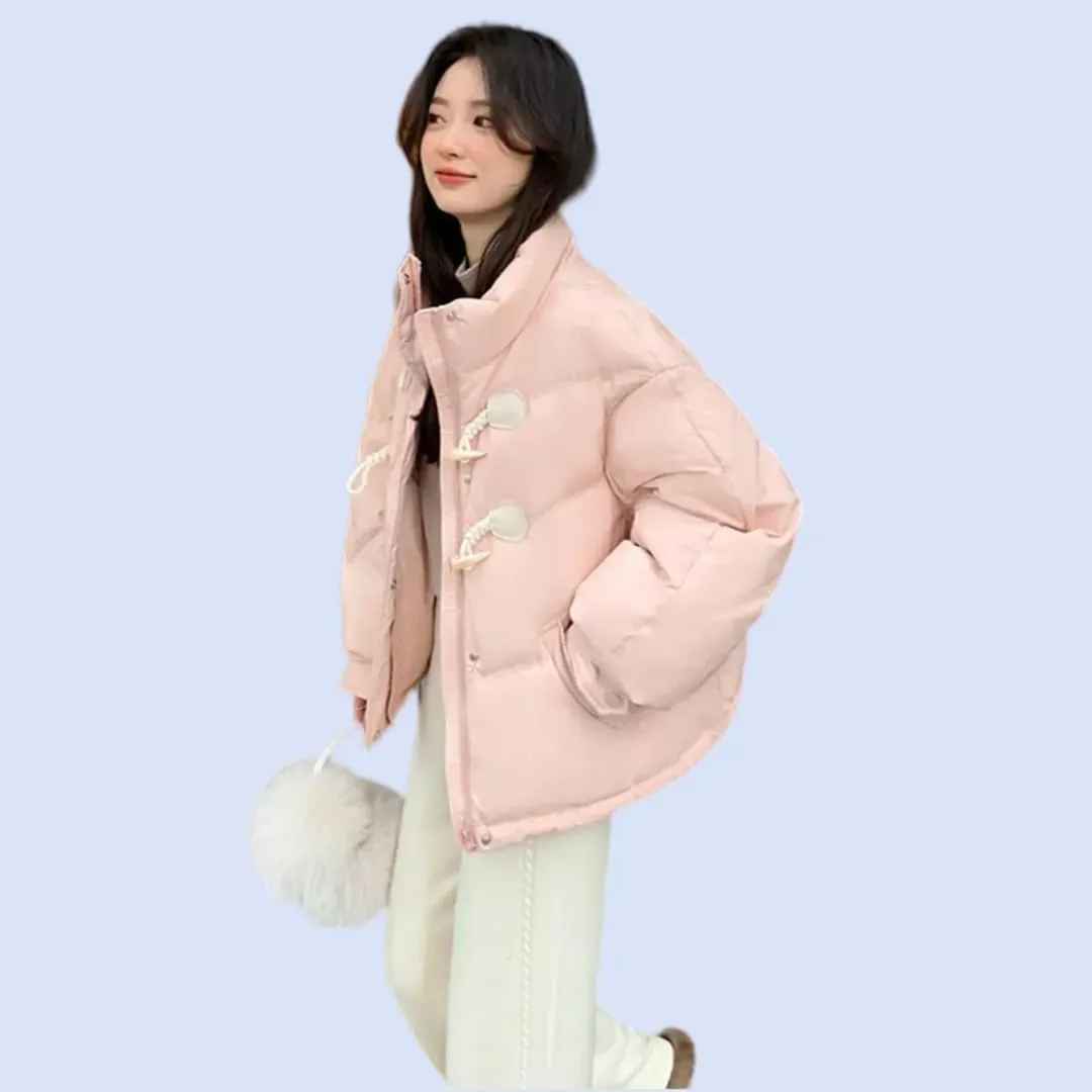 Women Horn Button Down Cotton-Padded Jacket Loose Cotton-Padded Jacket Short Winter Coat Cotton-Padded Jacket