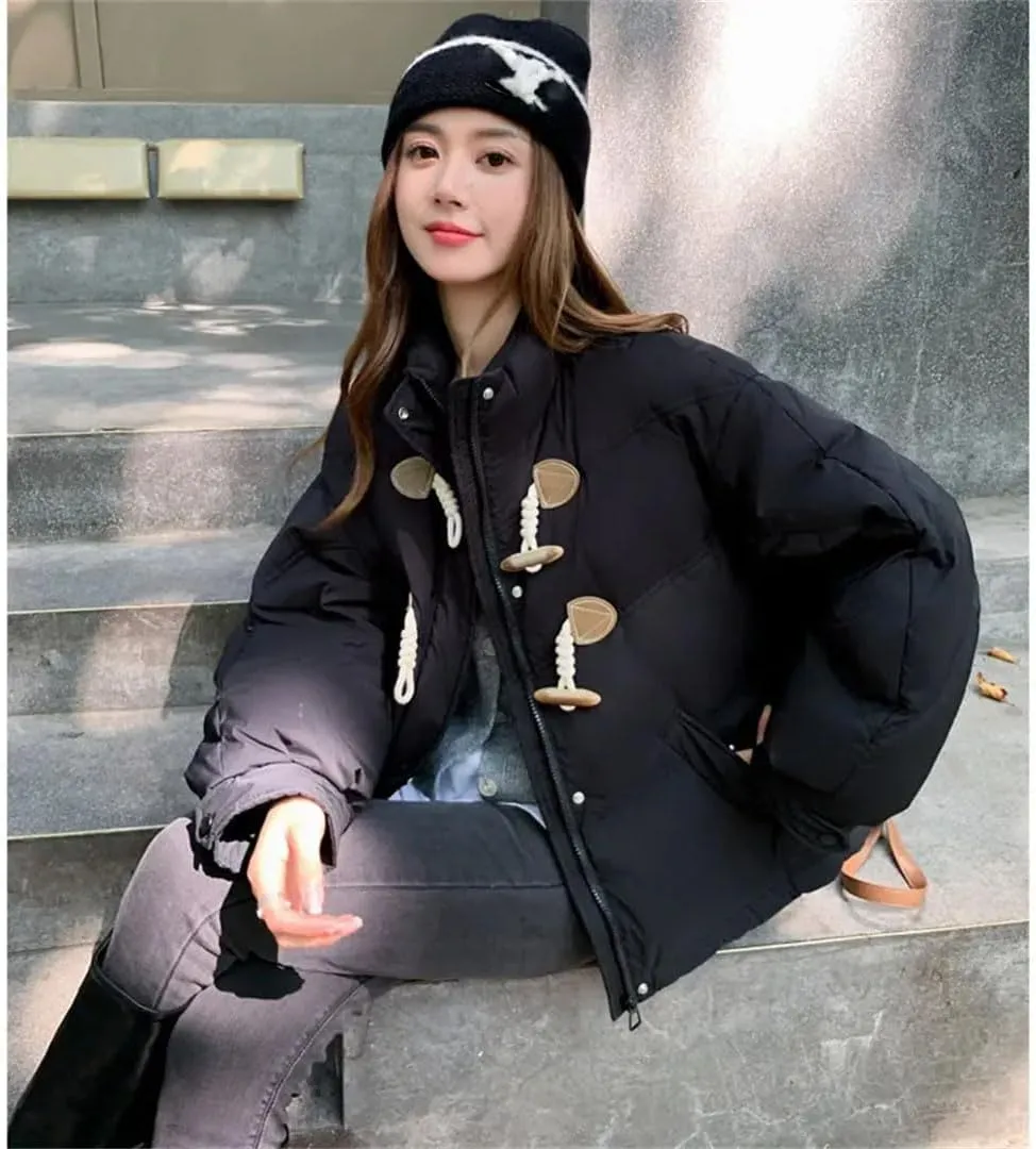 Women Horn Button Down Cotton-Padded Jacket Loose Cotton-Padded Jacket Short Winter Coat Cotton-Padded Jacket