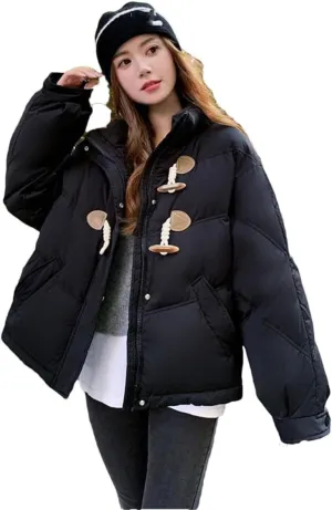 Women Horn Button Down Cotton-Padded Jacket Loose Cotton-Padded Jacket Short Winter Coat Cotton-Padded Jacket