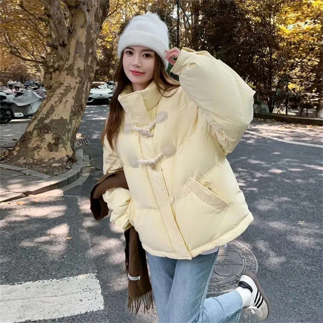 Women Horn Button Down Cotton-Padded Jacket Loose Cotton-Padded Jacket Short Winter Coat Cotton-Padded Jacket