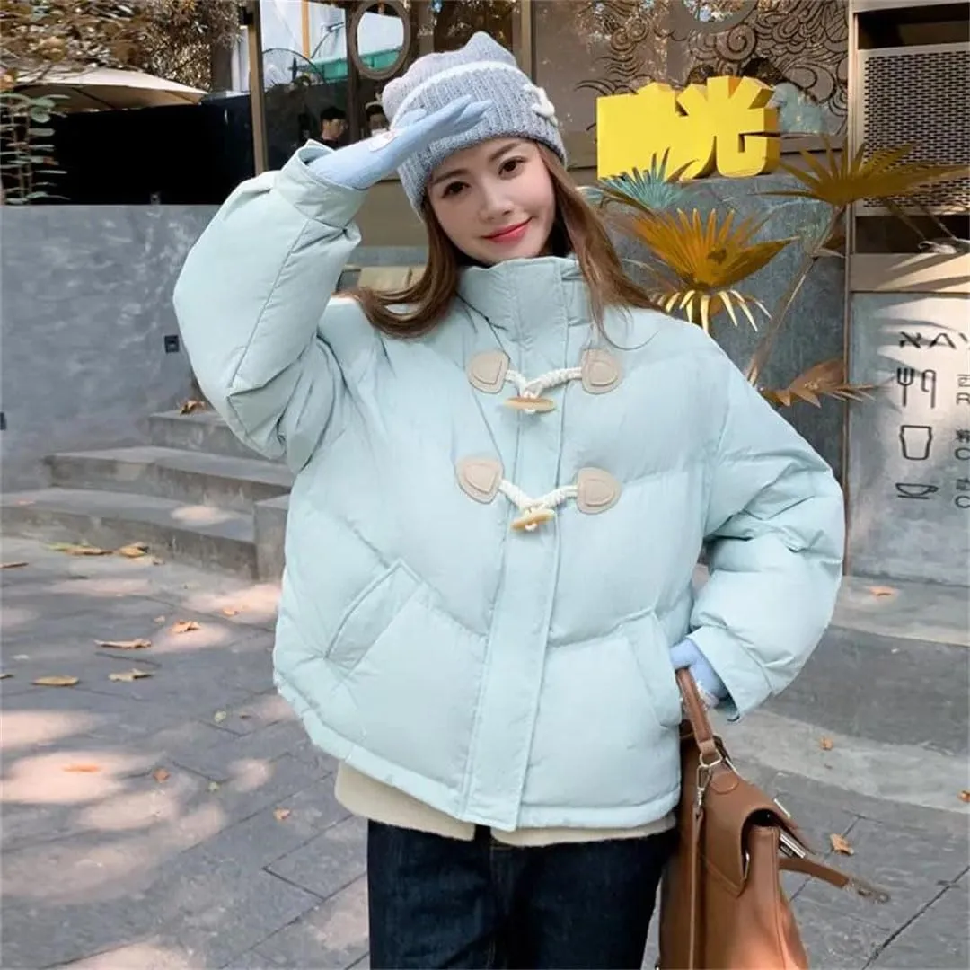 Women Horn Button Down Cotton-Padded Jacket Loose Cotton-Padded Jacket Short Winter Coat Cotton-Padded Jacket