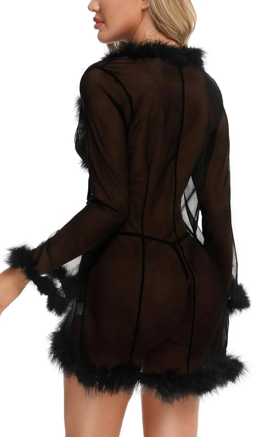 Women Lace See Through Lingerie Robe Sexy Nightgown Long Sleeve Fuzzy Kimono Robes Mesh Chemise Sleepwear