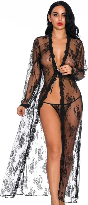 Women Long Lace Lingerie Kimono Robe Sexy Sheer Babydoll Nightgown with Thong Pajama Dress Nightdress, Black L