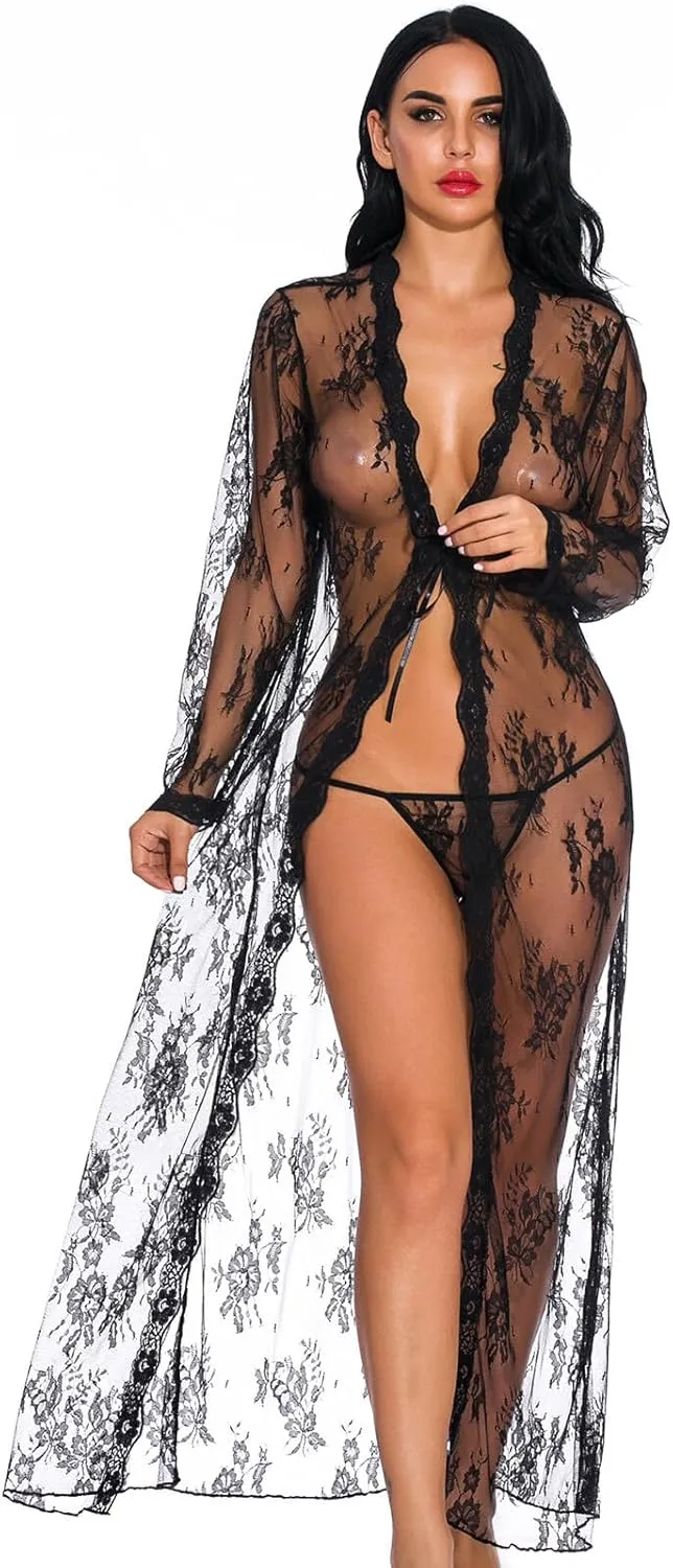 Women Long Lace Lingerie Kimono Robe Sexy Sheer Babydoll Nightgown with Thong Pajama Dress Nightdress, Black L