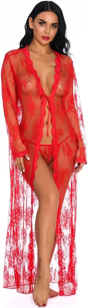 Women Long Lace Lingerie Kimono Robe Sexy Sheer Babydoll Nightgown with Thong Pajama Dress Nightdress, Red M