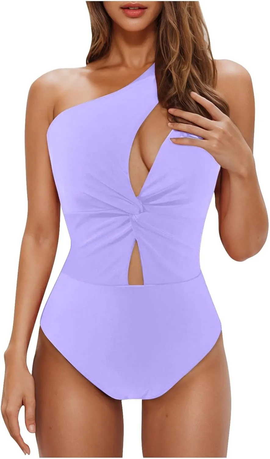 Women One Shoulder One Piece Swimsuits Sexy Cutout Bathing Suit Twist Front Hollow Out Soft Swimwear Solid Color Set