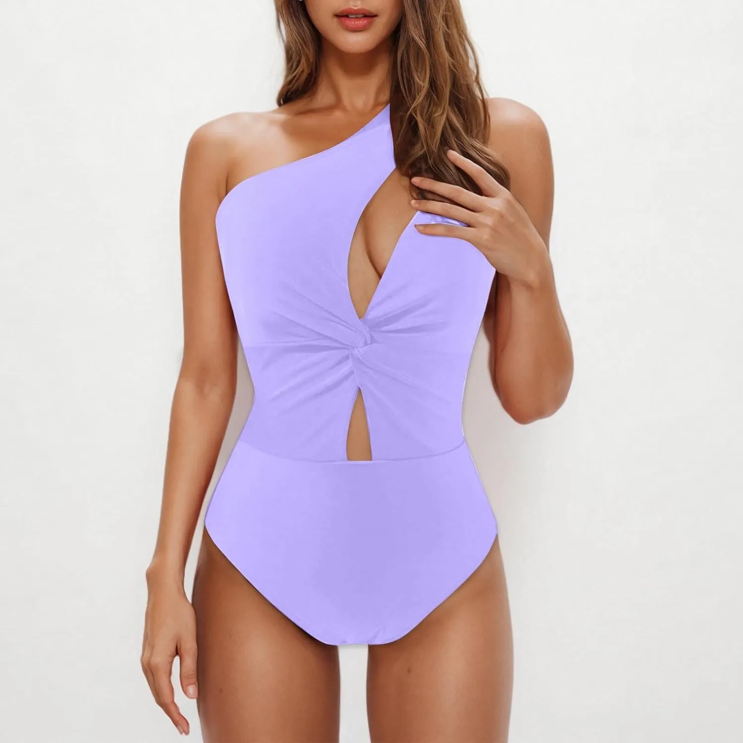 Women One Shoulder One Piece Swimsuits Sexy Cutout Bathing Suit Twist Front Hollow Out Soft Swimwear Solid Color Set