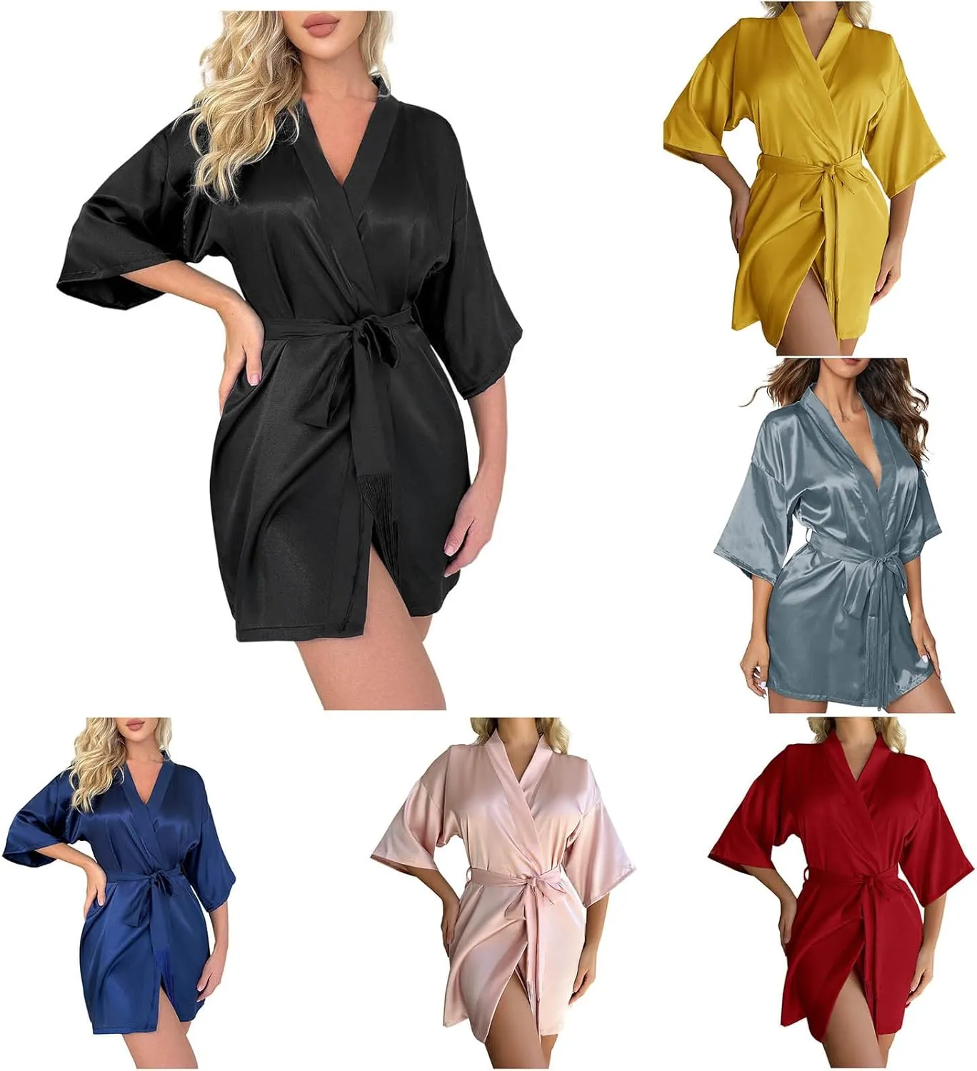 Women Satin Bathrobe Faux Silk Sleepwear Robe with Belt Solid Color Pajama Long Sleeve Nightgown Nightdress Nightwear