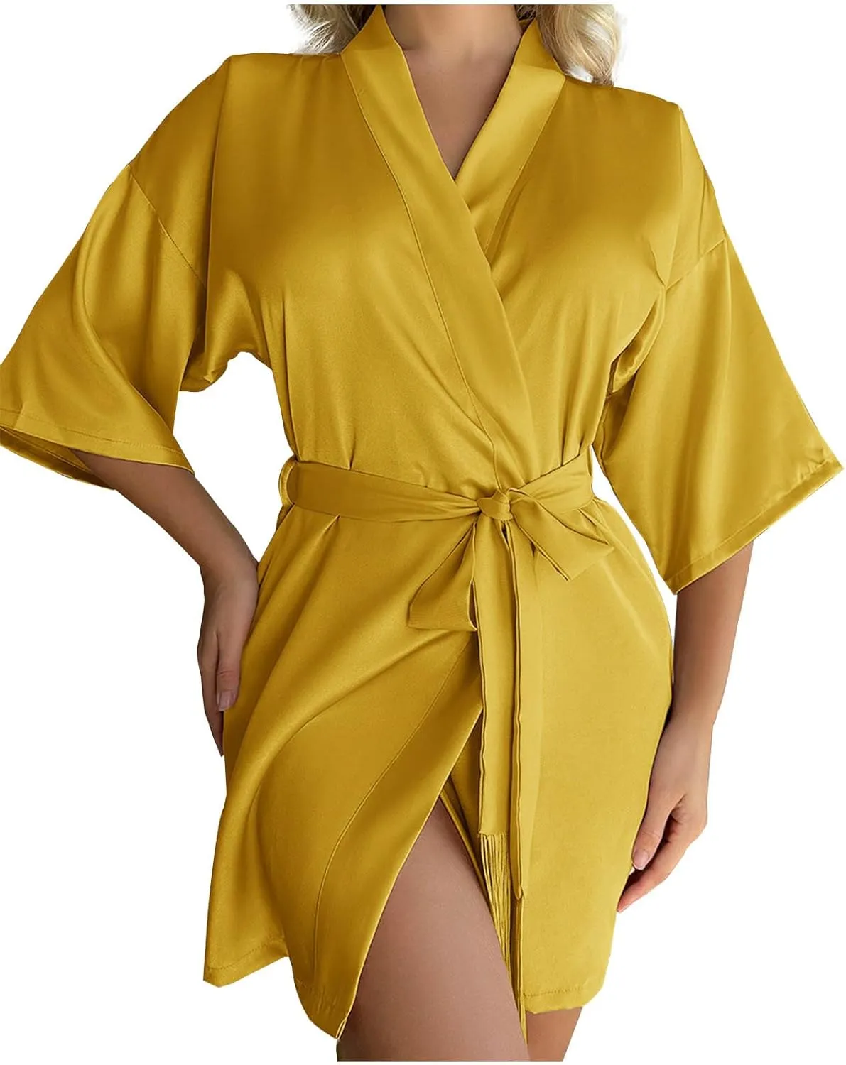 Women Satin Bathrobe Faux Silk Sleepwear Robe with Belt Solid Color Pajama Long Sleeve Nightgown Nightdress Nightwear