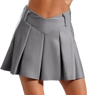 Women Schoolgirl Uniform High Waist Pleated Skater Tennis Skirt V-Shape Side Zipper Miniskirts