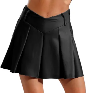 Women Schoolgirl Uniform High Waist Pleated Skater Tennis Skirt V-Shape Side Zipper Miniskirts
