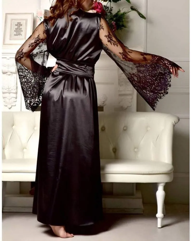 Women Sexy Long Lingerie Robe Ladies Lace Silk Dressing Gown Maxi Satin Bathrobes Spa Wedding Bridal Pajama Nightgown