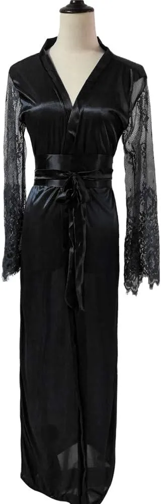 Women Sexy Long Lingerie Robe Ladies Lace Silk Dressing Gown Maxi Satin Bathrobes Spa Wedding Bridal Pajama Nightgown