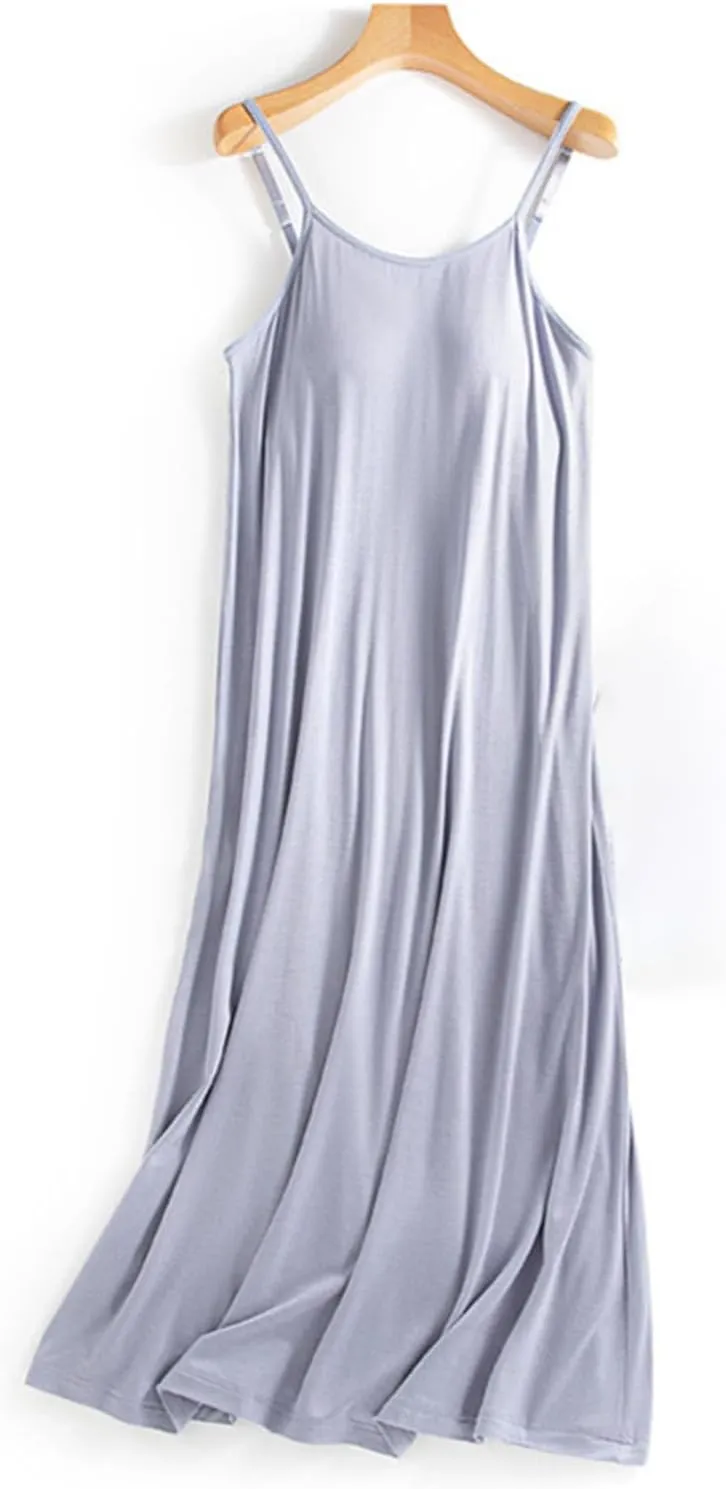 Women Sexy Strap Sleep Dress Sleeveless Long Nightgown with Built in Bra Soft Strap Sleepshirt Plain Cotton Pajamas