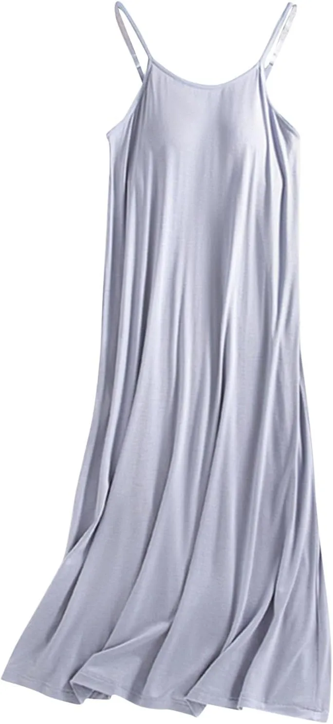 Women Sexy Strap Sleep Dress Sleeveless Long Nightgown with Built in Bra Soft Strap Sleepshirt Plain Cotton Pajamas