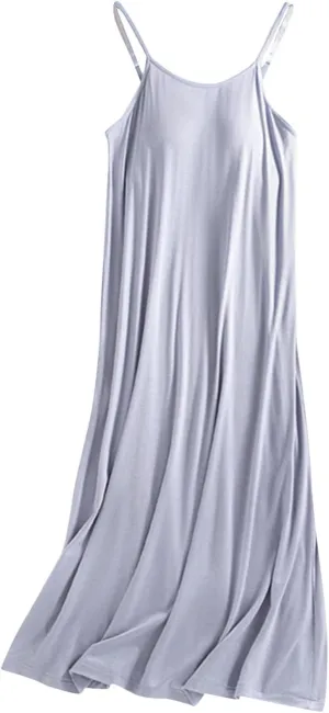 Women Sexy Strap Sleep Dress Sleeveless Long Nightgown with Built in Bra Soft Strap Sleepshirt Plain Cotton Pajamas