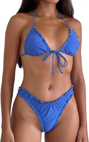 Women Sexy Triangle Bikini Set Cute Printed 2 Piece Swimsuit Y2k Ruffle Trim Bathing Suit Coquette Swimwear