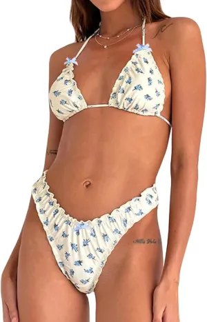 Women Sexy Triangle Bikini Set Cute Printed 2 Piece Swimsuit Y2k Ruffle Trim Bathing Suit Coquette Swimwear