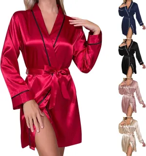 Women Silk Bathrobe Pajama Robe with Belt Satin Sleepwear Long Sleeve Nightdress Solid Color Nightwear Soft Nightgown