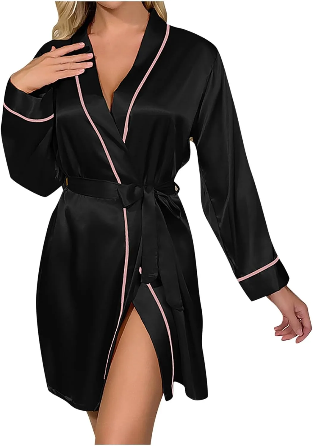 Women Silk Bathrobe Pajama Robe with Belt Satin Sleepwear Long Sleeve Nightdress Solid Color Nightwear Soft Nightgown