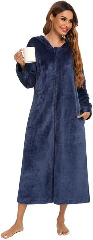Women Soft Fleece Hoodies Bathrobe Casual Fuzzy Full Zip Nightgown Loose Comfy Long Sleeve Sleepwear Loungewear Robe