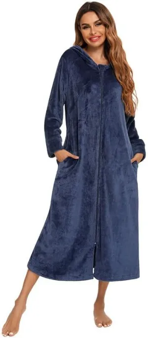 Women Soft Fleece Hoodies Bathrobe Casual Fuzzy Full Zip Nightgown Loose Comfy Long Sleeve Sleepwear Loungewear Robe