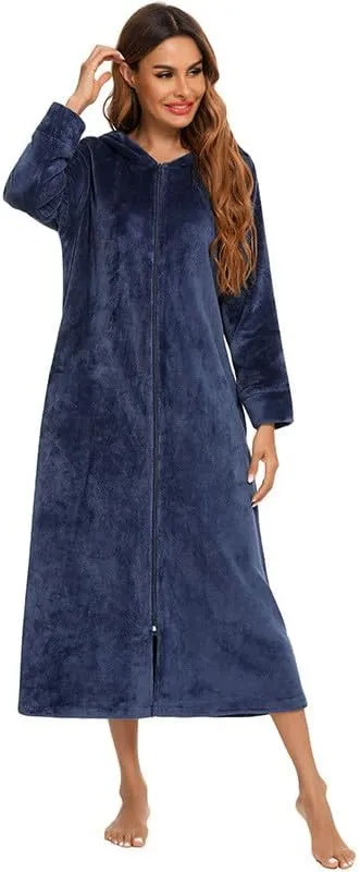 Women Soft Fleece Hoodies Bathrobe Casual Fuzzy Full Zip Nightgown Loose Comfy Long Sleeve Sleepwear Loungewear Robe