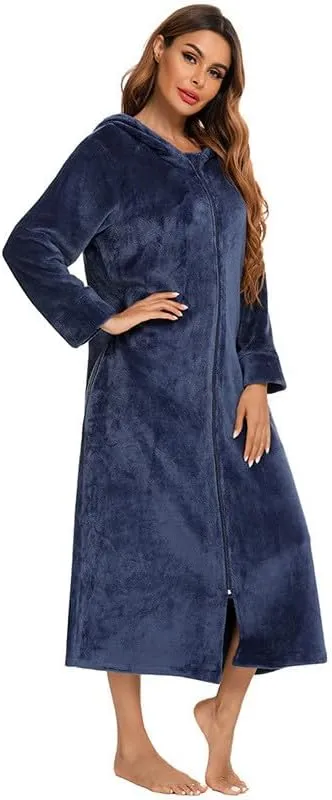 Women Soft Fleece Hoodies Bathrobe Casual Fuzzy Full Zip Nightgown Loose Comfy Long Sleeve Sleepwear Loungewear Robe